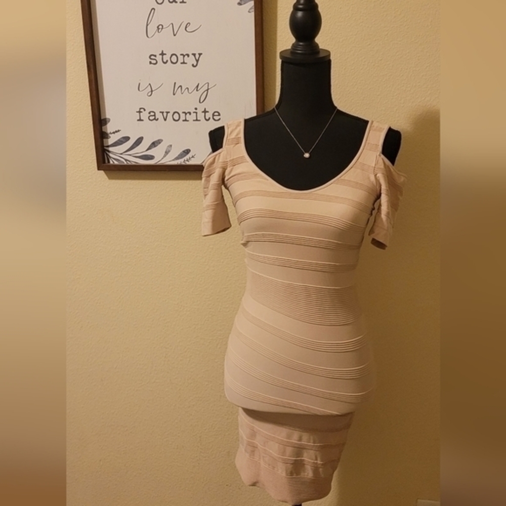 BEBE cream bodycon dress
